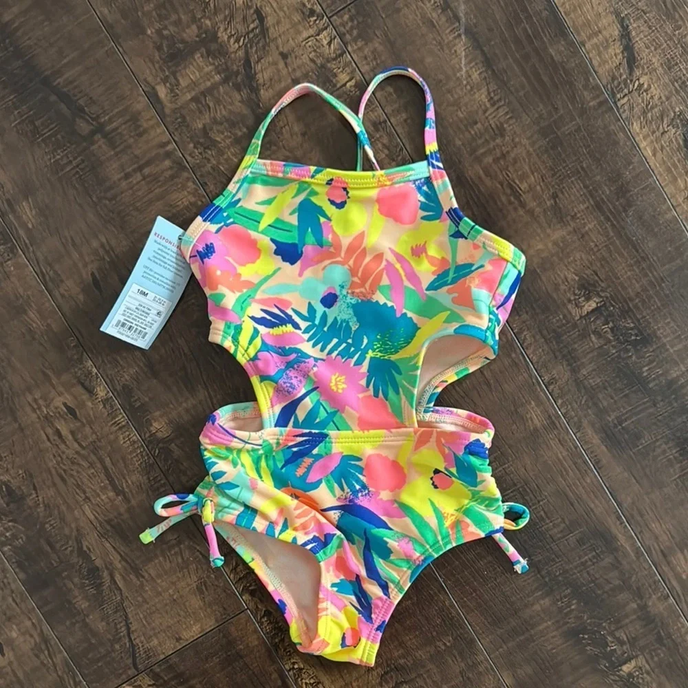 Cat & Jack Yellow and Pink One Piece Swimsuit with Tropical Print